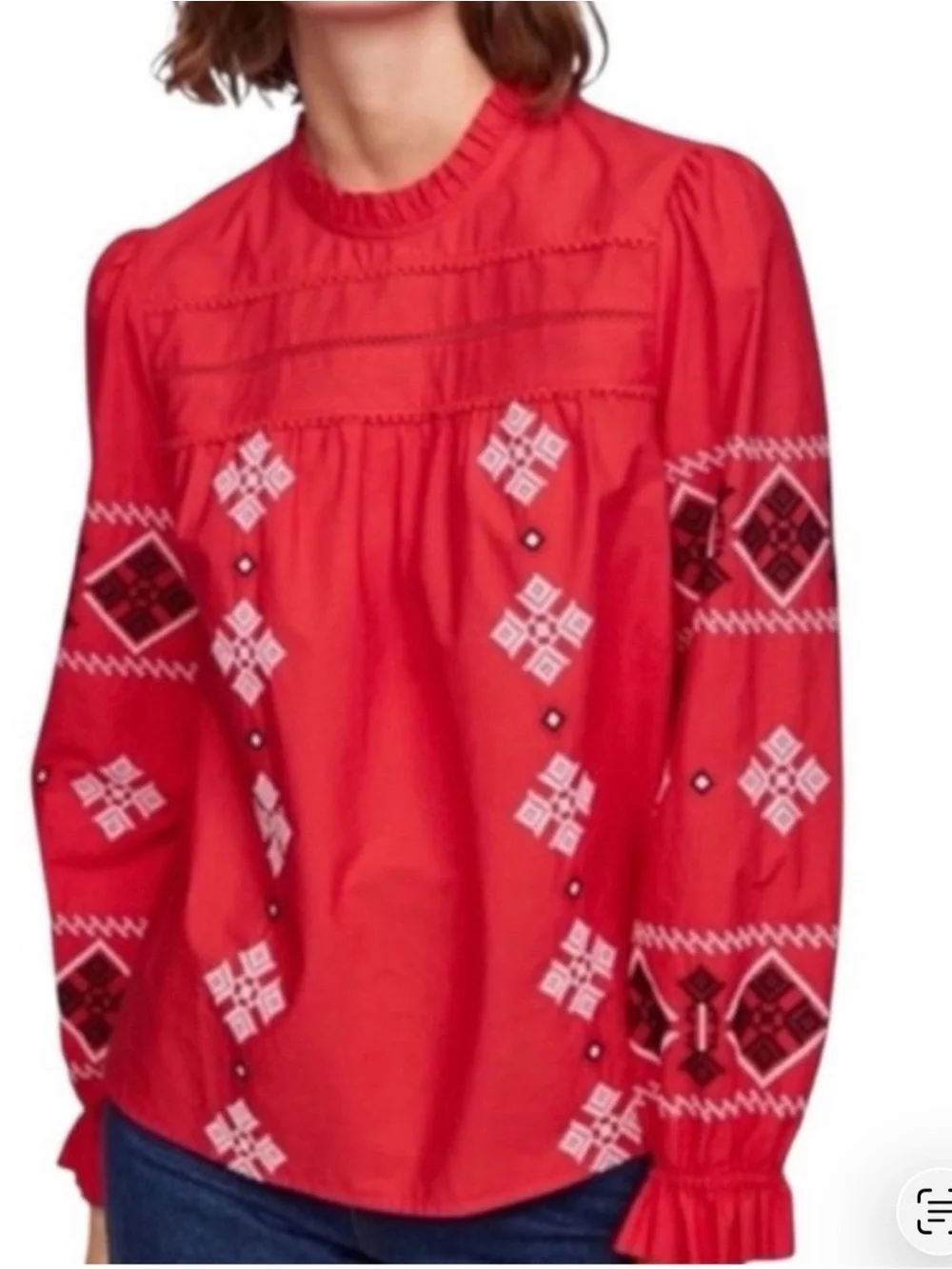 Zara Red Embroidered Long Sleeve Blouse